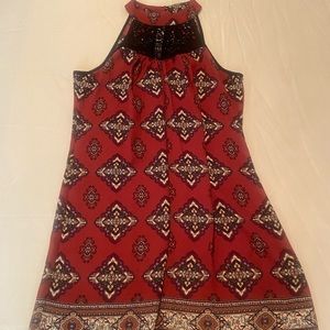 Maroon pattern medium xhilaration mini dress with high neck cut out